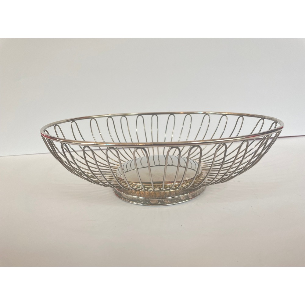 Vintage Chrome Wire Fruit Bowl Mid Century Modern Oval Silver Serving Basket